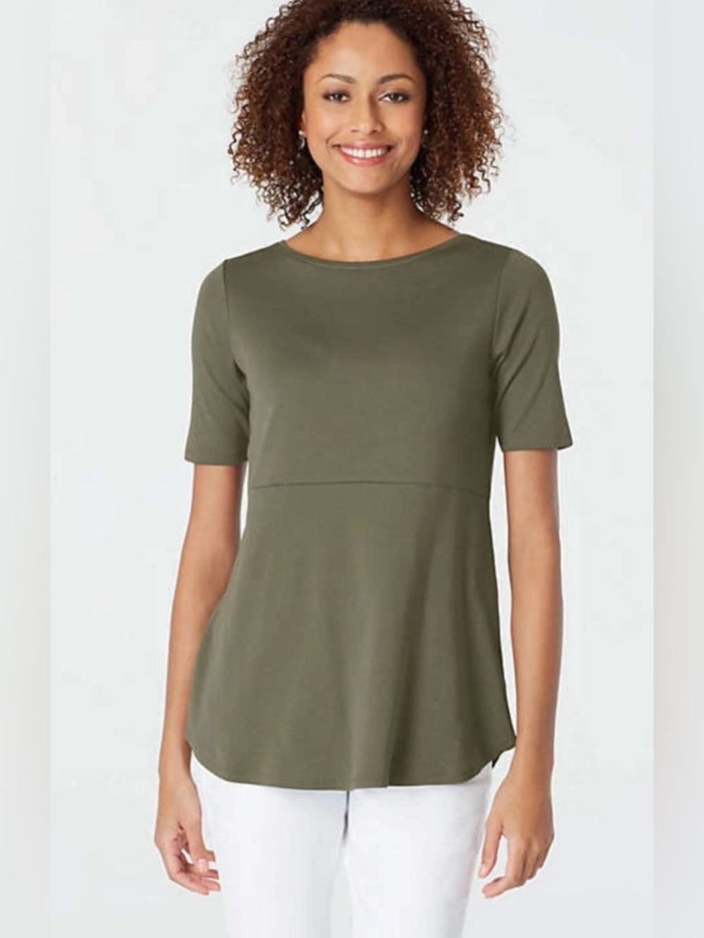 J Jill Pima Cotton Shirttail Tee Shirt Top Large Knit Short Sleeve Olive Green